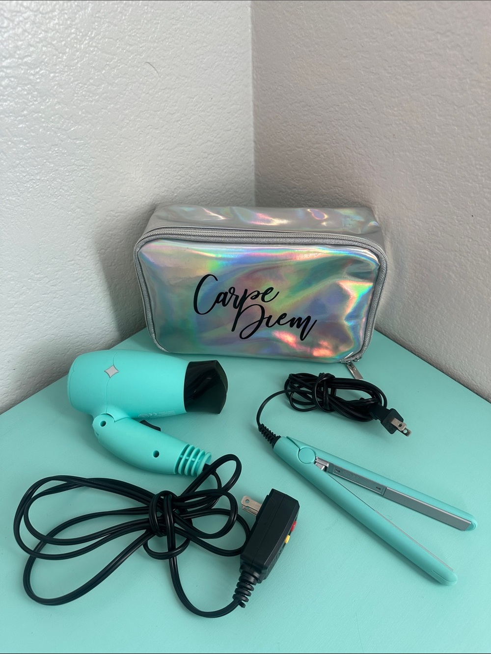 Holographic 'Carpe Diem' Cosmetic Bag with Mint Hair Dryer & Flat Iron-new